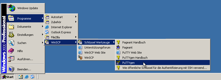 Programme - WinSCP - Schlüssel Werkzeuge - PuTTYgen